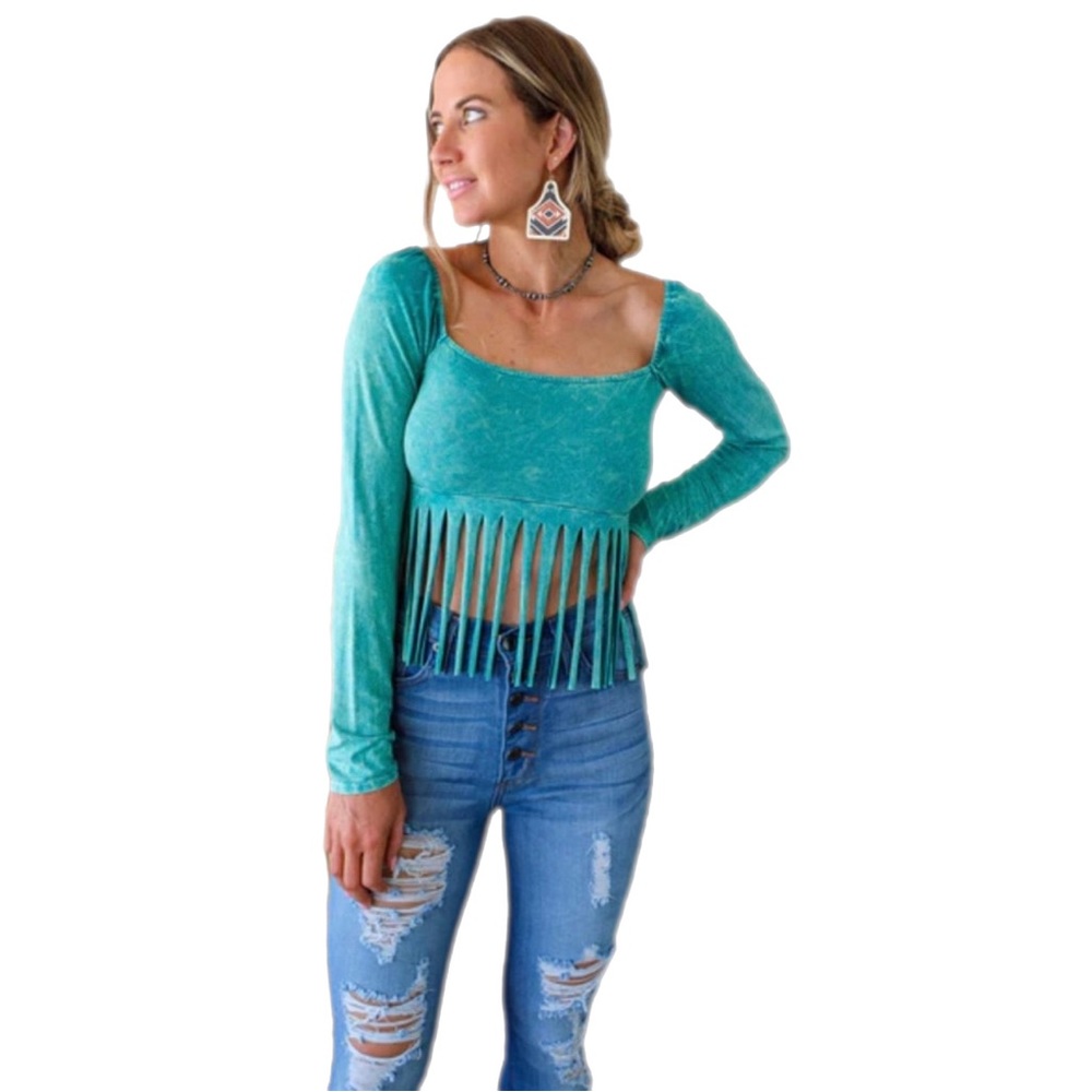 Turquoise 💙Mineral Dyed Fringe Crop Top -PLEASE READ DESCRIPTION ⬇️